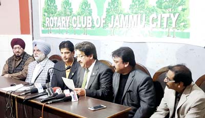 Officials of Rotary Club of Jammu City and Swift Hospital Amritsar interacting with media persons at Jammu on Friday.