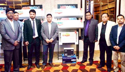 Team of Hitachi with air conditioners on display at M/s Sahil Brothers & Co. in Jammu.