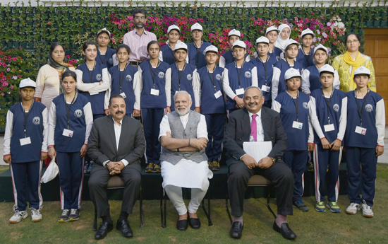 Prime Minister Narendra Modi with the youth and children from Jammu and Kashmir, in New Delhi on Tuesday. Minister of State for Development of North Eastern Region (I/C), Prime Minister’s Office, Personnel, Public Grievances & Pensions, Atomic Energy and Space, Dr Jitendra Singh and Union Home Secretary, Rajiv Mehrishi are also seen.