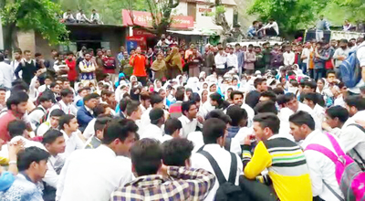 Ramban College students staging protest dharna against JU on Saturday.