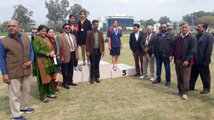Winners being felicitated by dignitaries at Jammu University on Wednesday.