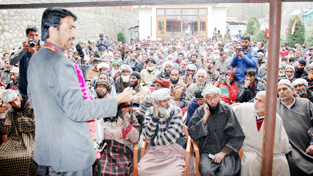 PCC chief G A Mir addressing election rally in Anantnag on Tuesday.