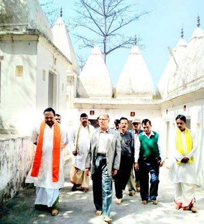 Dharmarth Trust president, B R Kundal along with others taking stock of developmental works at Purmandal Temple.