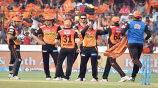 Sunrisers Hyderabad bowler Rashid Khan celebrating fall of wicket with his team mates at Hyderabad.
