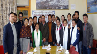 Indian Women Ice Hockey team represented by players from Ladakh posing for a group photograph during official reception on Wednesday.