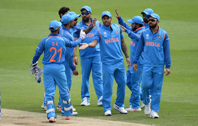 Players of Indian Cricket Team celebrating victory against Bangladesh in Championship warm-up match at London.