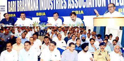 DyCM Dr Nirmal Singh speaking at a function organised by BBIA at Samba on Monday.