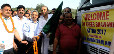 Divisional Commissioner, Dr M K Bhandari flagging off Mata Kheer Bhawani yatra from Jagti near Nagotra on Thursday.