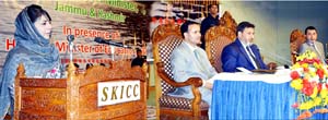 NC working president and former CM addressing party’s women wing convention at Srinagar on Thursday.