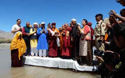 Dignitaries during inauguration of Sindhu Darshan festival at Leh on Saturday. -Excelsior/Morup Stanzin