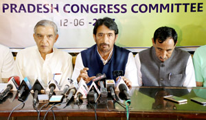 AICC Coordinator Pawan Khera and PCC chief, GA Mir addressing joint press conference in Jammu on Wednesday. — Excelsior/ Rakesh