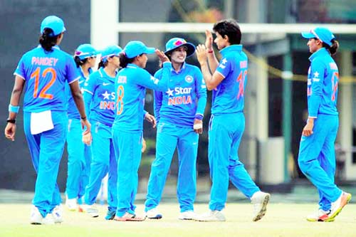 Indian eves celebrating victory against arch rivals Pakistan in Womens World Cup at Derby in England on Sunday.