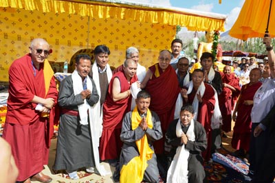 Dalai Lama consecrating Shenam Turthot Tharpaling. —Excelsior/Morup Stanzin