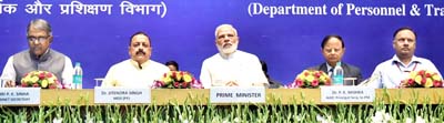 Prime Minister Narendra Modi presiding over the inaugural function of IAS Officers 2015 Batch, at New Delhi on Monday. Also seen are Union Minister Dr Jitendra Singh, Additional Principal Secretary to PM P.K. Mishra and Cabinet Secretary P.K. Sinha.