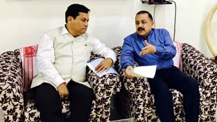 Chief Minister of Assam, Sarbananda Sonowal holding a meeting with Union Minister Dr Jitendra Singh, at New Delhi on Tuesday.