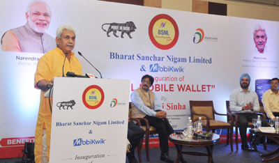 Minister of State for Communications (Independent Charge) and Railways, Manoj Sinha addressing at the launch of the “BSNL-Mobikwik Payment App”, in New Delhi on Friday.