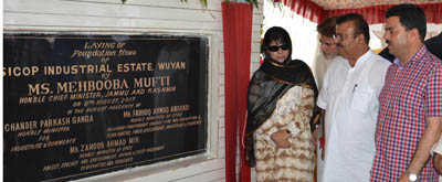 Chief Minister Mehbooba Mufti laying foundation stone of SICOP Industrial Estate at Pampore on Wednesday.