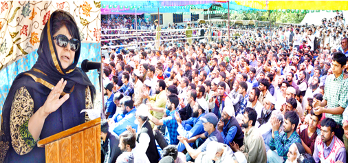 Chief Minister Mehbooba Mufti addressing a public meeting at Tanghdar on Tuesday.