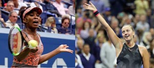 Venus Williams of the United States (L) in action against Carla Suarez Navarro of Spain and (R) Petra Kvitova of the Czech Republic waves to the crowd after her match against Garbine during fourth round match of US Open.