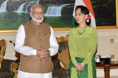 Prime Minister Narendra Modi with State Counsellor of Myanmar Aung San Suu Kyi at Presidential Palace in Naypyidaw, Myanmar on Wednesday. (UNI)