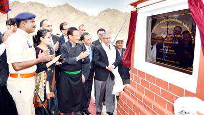 Chief Justice of J&K High Court Justice Badar Durrez Ahmed laying foundation stone of High Court Guest House at Leh on Monday. -Excelsior/Morup Stanzin