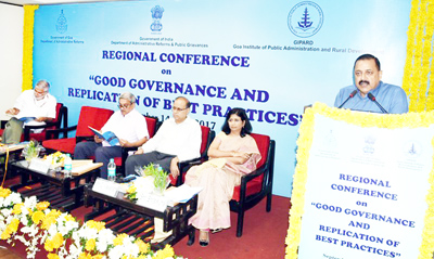 Union Minister Dr Jitendra Singh addressing the valedictory function of the two-day Regional Conference on Governance, at Goa on Friday.