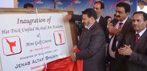 Minister for Education, Syed Mohammad Altaf Bukhari inaugurating a Sports Day function at Hat Trick Public School in Srinagar.