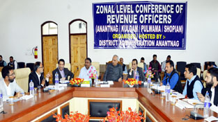 Revenue Minister Abdul Rehman Veeri chairing a meeting in Anantnag on Saturday.