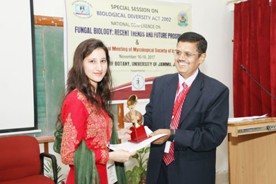 JU Research scholar, Roshi Sharma being conferred Young Scientist Award at Jammu University.