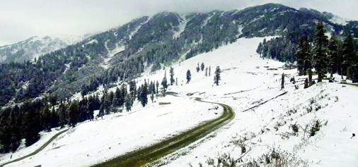 A view of tourist destination Gurdanda in upper reaches of Bhaderwah on Friday, after season’s first snowfall. (UNI)