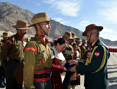 Young soldiers being inducted in Ladakh Scouts Regiment at Leh on Saturday. -Excelsior/Morup Stanzin