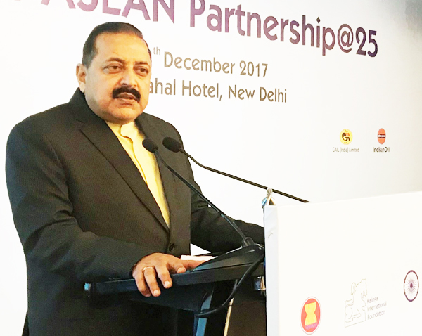 Union Minister Dr Jitendra Singh addressing the session on Northeast and "Act East Policy" during the ASEAN Summit at New Delhi on Wednesday.