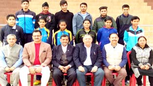 J&K Badminton team posing along with dignitaries after their selection in Jammu.