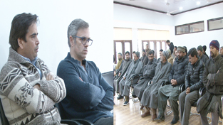 NC working president, Omar Abdullah during a meeting with various delegations at party office in Srinagar.