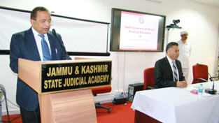 Justice Alok Aradhe delivering lecture in State Judicial Academy on Thursday.