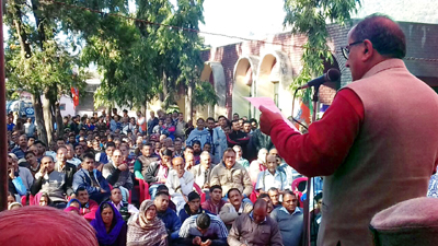 DyCM Dr Nirmal Singh addressing a public gathering at Billawar on Sunday.