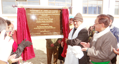 Deputy Chief Minister laying the foundation stone of Accident and Emergency block of SNM Hospital at Leh. CEC LAHDC Dr Sonam Dawa Lonpo is also seen in the picture. -Excelsior/Morup Stanzin
