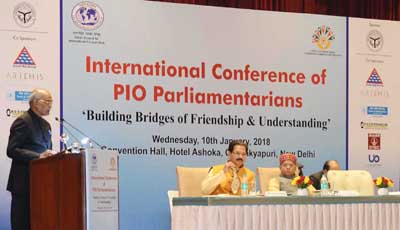 President, Ram Nath Kovind addressing at the inauguration of the International Conference of PIO Parliamentarians, organised by Antar Rashtriya Sahayog Parishad - Bharat in association with the PIO Chamber of Commerce and Industry and the Ministry of External Affairs, in New Delhi on Wednesday. (UNI)