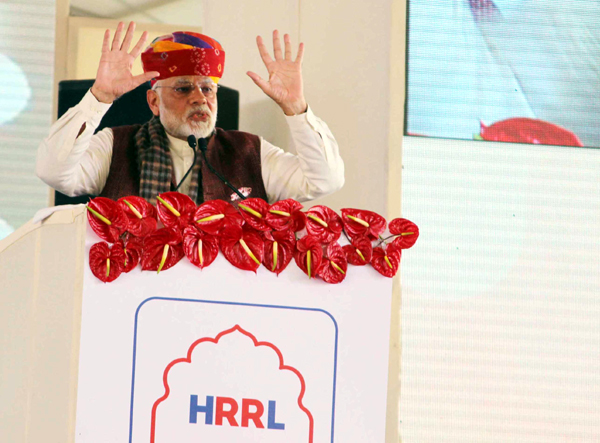 Prime Minister Narendra Modi addressing during the inauguration of Barmer Refinery in Pachpadra in Barmer district in Rajasthan on Tuesday . (UNI )
