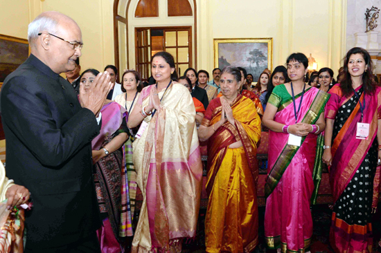 President, Ram Nath Kovind meeting with the 100 women achievers selected by the Ministry of Women and Child Development at Rashtrapati Bhavan on Saturday. (UNI)