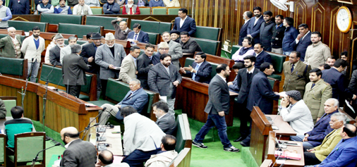 Opposition MLAs staging walkout from Legislative Assembly on Wednesday. —Excelsior/Rakesh
