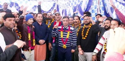 MoS, Transport, Sunil Sharma during a rally with BJP workers from Dachan Kishtwar at Bantalab on Sunday.