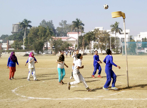 Players in action during a match of 15th Bhai Gurbax Singh Memorial Korfball C'ship in Jammu.