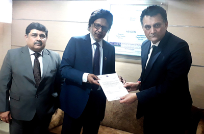 Rakesh Wazir, president, HRA Katra, receiving his appointment letter as co-chairman of PHDCCI for Jammu region by National president of Chamber, Anil Khaitan, in a function at New Delhi.