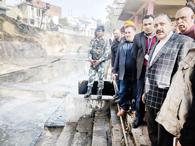 Union Minister Dr Jitendra Singh visiting the site of river Devika project at Udhampur on Tuesday. Also seen are MP Shamsher Singh Manhas and Deputy Commissioner Ravinder Kumar.