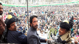 PCC president GA Mir, senior leaders Sham Sharma and Raman Bhalla at party convention in Poonch on Wednesday.
