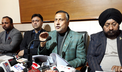 Senior PCC leader Sham Lal Sharma addressing press conference in Jammu on Friday. — Excelsior/Rakesh