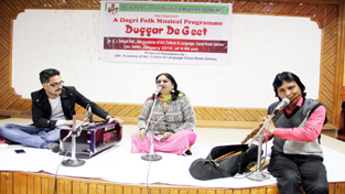 Artists presenting Dogri song during a programme at Jammu on Wednesday.