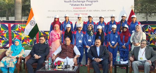 Union Home Minister Rajnath Singh, MoS in PMO Dr Jitendra Singh and MoS Home Kiren Rijiju with the youths of J&K, in New Delhi on Sunday.