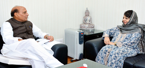 Chief Minister Mehbooba Mufti in a meeting with Union Home Minister Rajnath Singh in New Delhi on Tuesday.